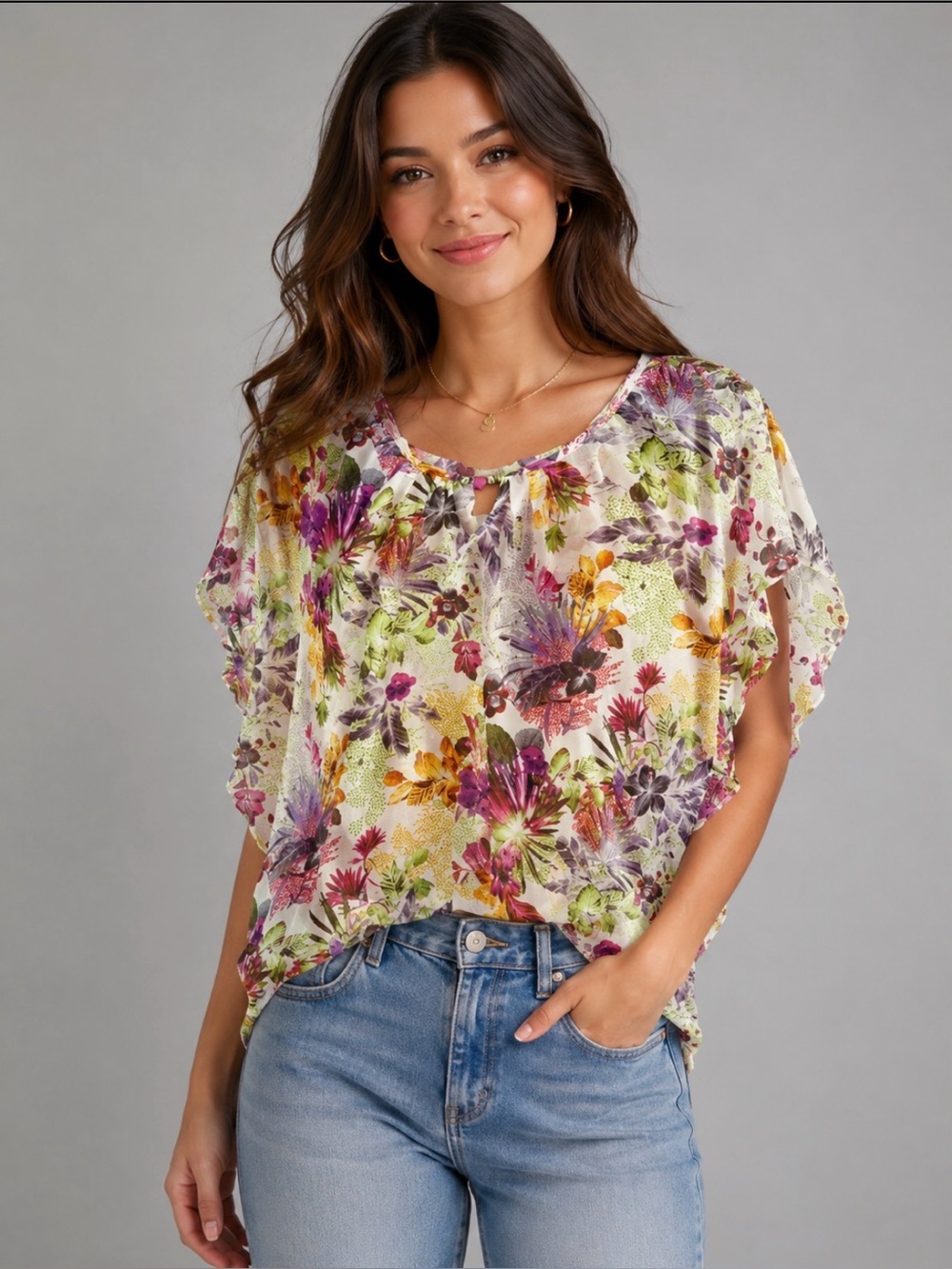 Millenium Floral Chiffon Blouse Sheer Ruffle Boho Top Lightweight